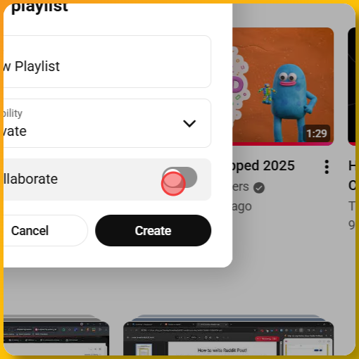 Screenshot showing how to toggle the Collaborate switch to enable or disable playlist collaboration on YouTube